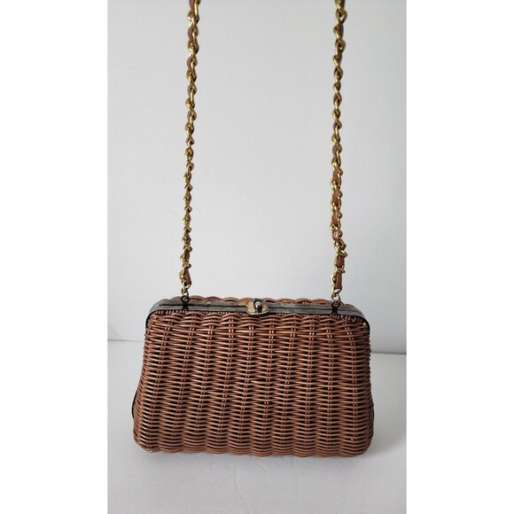 Vintage Handbags - Vintage Tandem Faux Straw Bag Crossbody Purse Chain Strap Brown Gold Retro